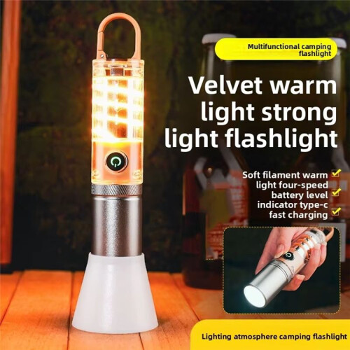 Flashlight Multifunctional Dual Light Source with Hook Rechargeable Lighting Zoom Tungsten Wire Ambient Camping Light