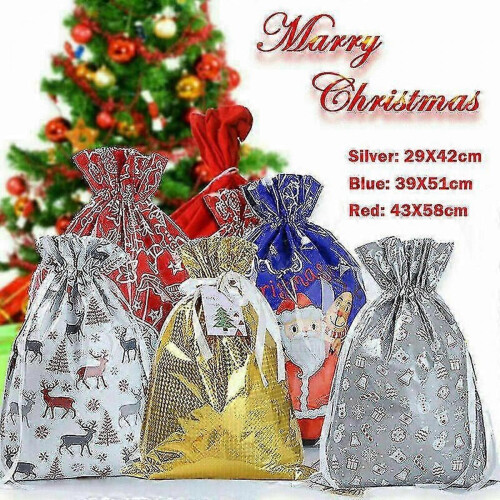 (Blue-24*32cm) 10x Christmas Sacks Reusable Large Xmas Gift Bags Drawstring Wrap Present Bag