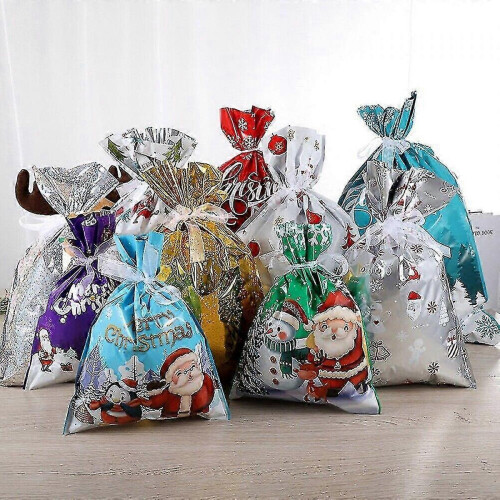 (Blue-24*32cm) 10x Christmas Sacks Reusable Large Xmas Gift Bags Drawstring Wrap Present Bag 1