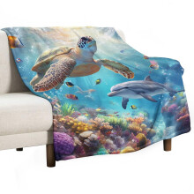 Sea Turtle Dolphin Coral Flannel Blanket 50x60 Inch