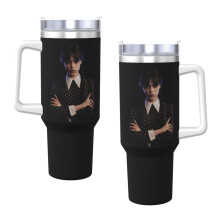 Gobelet isotherme Wednesday Addams de 1,2 L avec anse et couvercle à paille, en acier inoxydable, idéal pour les voyages et comme cadeau.