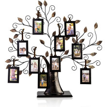 Grand cadre photo arbre généalogique en métal 20x18 avec 10 cadres suspendus 2x3 - Décoration murale ou de table, peut contenir 10 photos