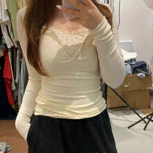 (S, beige) Fake Two Pieces Sweet Flower Print Women T-shirt Slim Long Sleeve Bottoming Crop Top Patchwork Lace Tees Y2k Aesthetic Fashion