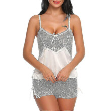 (XXL, WHITE) Sexy Pajama Set for Women Lace Cami and Shorts Two Piece Satin Lingerie