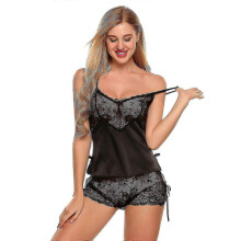 (XL, RED) Sexy Pajama Set for Women Lace Cami and Shorts Two Piece Satin Lingerie