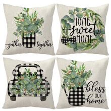 Housses de coussin 45 x 45 cm à motif feuilles d'eucalyptus, en lin, pour canapé, style champêtre, décoration printanière et estivale.