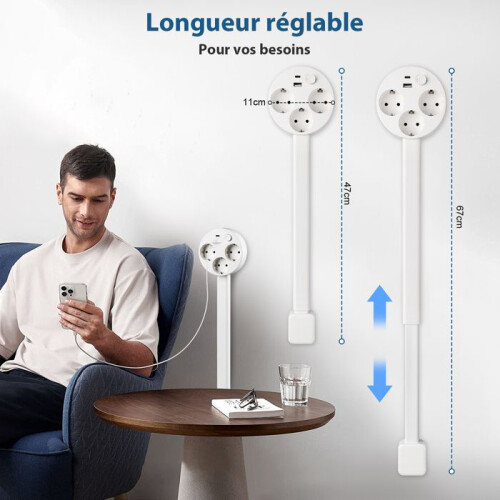 Επεκτεινόμενο πολύπριζο 1500W, 47-67 cm, 3 πρίζες, 1 USB-C, 1 USB-A, διακόπτης, περιστροφή 1