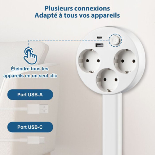 Επεκτεινόμενο πολύπριζο 1500W, 47-67 cm, 3 πρίζες, 1 USB-C, 1 USB-A, διακόπτης, περιστροφή 2