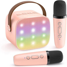 Mini Karaoke Machine for Kids and Adults, Bluetooth Speaker with 2 Wireless Microphones, Light Pink Christmas Gift for G