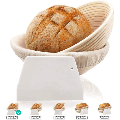 Round Set,4 Yeast Baskets for Bread and Bread Dough, Banneton Proofing Basket with Linen Inserts,Dough Scraper Set Round 1