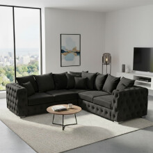 (Black, 5 Seater Corner) Aston Scatter Back Plush Velvet Sofa 2 & 3 Seater, 3+2 Set, 5 Seater Corner Sofa Set