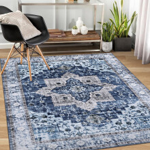 Tapis lavable Haperlare 152 x 213 cm, motif floral vintage, antidérapant, bleu, idéal pour le salon et la chambre.