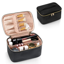 Geantă de machiaj, organizator portabil pentru cosmetice, geantă de călătorie de mare capacitate cu mâner și divizor, neagră - compatibilă cu