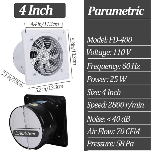Ventilador de exaustão WSYW de 4 polegadas, 70 CFM, montado na parede, 110 V, para cozinhas, banheiros e lavanderias; compatível com garagens, 1
