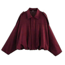 (M, Burgundy) Women'S Suede Texture Effect Loose Version Of Fashion Lapel Shoulder Bomber Jacket