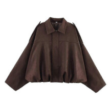 (S, kafei) Women'S Suede Texture Effect Loose Version Of Fashion Lapel Shoulder Bomber Jacket