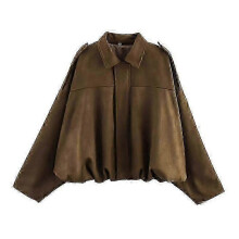 (S, Khaki) Women'S Suede Texture Effect Loose Version Of Fashion Lapel Shoulder Bomber Jacket