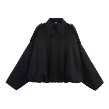 (S, black) Women'S Suede Texture Effect Loose Version Of Fashion Lapel Shoulder Bomber Jacket