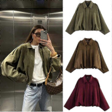 (S, Burgundy) Women'S Suede Texture Effect Loose Version Of Fashion Lapel Shoulder Bomber Jacket
