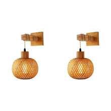 2X Retro Wall Light Woven Rattan Wood Sconces Living Room Bedside Lamp Vintage Bedroom Decoration Lighting-A