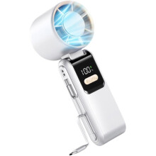 (White) Handheld Wearable Foldable Three-speed USB Rechargeable Plastic Electric Fan with Battery and Mobile Phone Charging