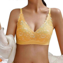 (XL, yellow) Bras for Women Wireless Underwear Breathing Bra Vest Lace Printed Bra Gathered Bra