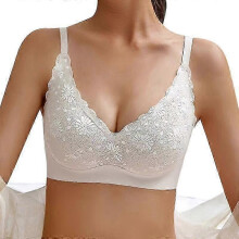 (M, beige) Bras for Women Wireless Underwear Breathing Bra Vest Lace Printed Bra Gathered Bra