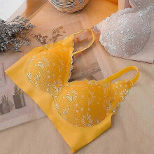 (L, yellow) Bras for Women Wireless Underwear Breathing Bra Vest Lace Printed Bra Gathered Bra