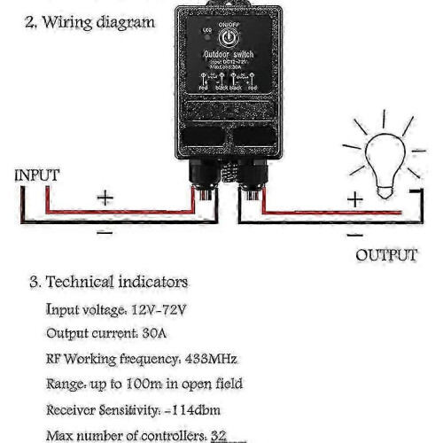 12V/24V/48V/72V DC RF Wireless Remote Switch 40A Relay 328ft Range for Motor Control