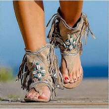 (Khaki 02, 42) Women39;s Sandals 2023 Retro Gladiator Ladies Clip Toe Vintage Boots Casual Tassel Rome Fashion Summer Woman Shoes Female New
