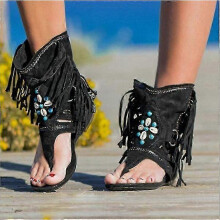 (Black 02, 39) Women39;s Sandals 2023 Retro Gladiator Ladies Clip Toe Vintage Boots Casual Tassel Rome Fashion Summer Woman Shoes Female New