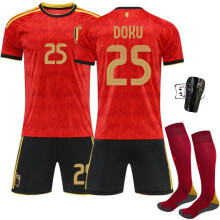 (Size 25 with socks + protective gear, #L) (No. 25 doku) Belgium Home Jersey – 2026 World Cup