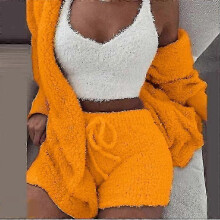 (Orange, XXL) 3pcs Plush Pajamas Set Women Plush Vest Coat Shorts Casual Loungewear Set