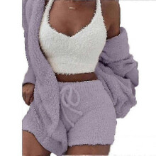 (Purple, XXL) 3pcs Plush Pajamas Set Women Plush Vest Coat Shorts Casual Loungewear Set