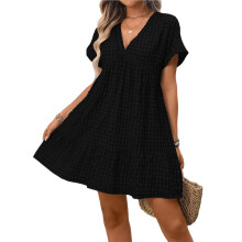 Kobiece Sukienki Typu Babydoll z Dekoltem w Serek, w Kratę, Zwiewne, Letnie, z Krótkim Rękawem, Luźna, Swobodna, Letnia, Sukienka-Tunika Czarny M