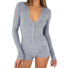 Dames Jumpsuit met V-Hals, Lange Mouwen en Korte Broek, Y2K-Stijl, Jumpsuit Uit Één Stuk, Bodycon Pyjamaset, Gym Bodysuit Lichtgrijs S