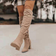 (Beige, 38) Women Suede Boots For Winter Over Knee Long Boots With Thick Heel Easy To Put On Fashionable