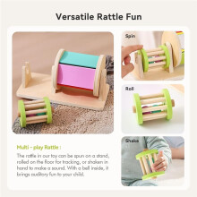2-in-1 Montessori Baby Toys Wooden  Drum & Rolling Rattle Toys with Mirror, Bells & Tummy