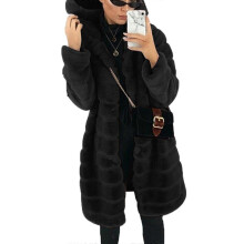 (2XL, Black) Women Warm Coat Loose Autumn Winter Korean Style Plush Thick Hooded Ladies Coat