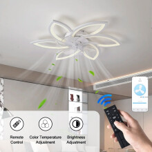 (White) 1 Modern Flower-Shaped Ceiling Fan Light with 3 Color Temperatures and 6 Wind Speeds, Dimmable LED Fan with Reversible