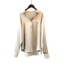 (S, Apricot) Satin Silk Shirts for Women Casual Long Sleeve Tunic Tops Loose Fit V-Neck for Office Work