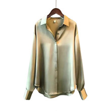 (2XL, Green) Satin Silk Shirts for Women Casual Long Sleeve Tunic Tops Loose Fit V-Neck for Office Work