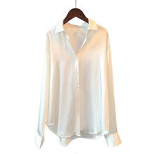 (XL, White) Satin Silk Shirts for Women Casual Long Sleeve Tunic Tops Loose Fit V-Neck for Office Work