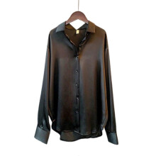 (3XL, Black) Satin Silk Shirts for Women Casual Long Sleeve Tunic Tops Loose Fit V-Neck for Office Work