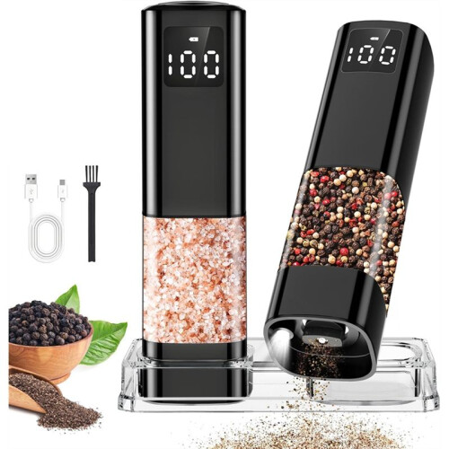 Electric Salt and Pepper Grinder Set with Digital Display,Automatic Salt Pepper Mill Grinder Adjustable Coarseness 1