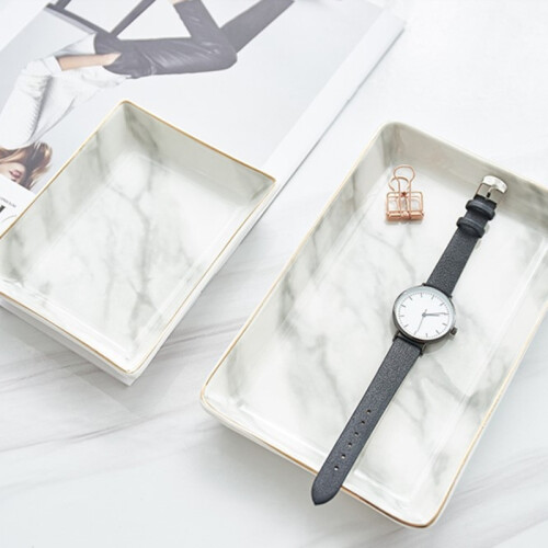 Ceramic Storage Tray Nordic Style Rectangular Marble Pattern Practical Decoration Jewelry Display Tray,Gray Large 2