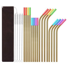 1 Set- Stainless Steel Straw Set Silicone Mouth Portable Metal Straw Brush, Gold