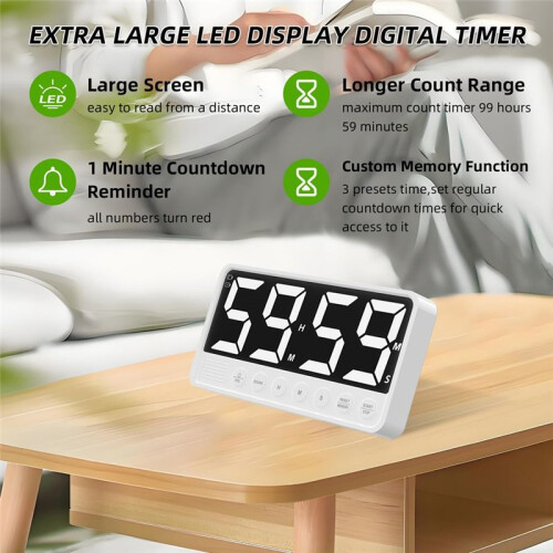 Extra-Large Display Digital Kitchen Timer, Magnetic Stand Rechargeable Count Down/ Timer for Cooking Home Gym, White 2