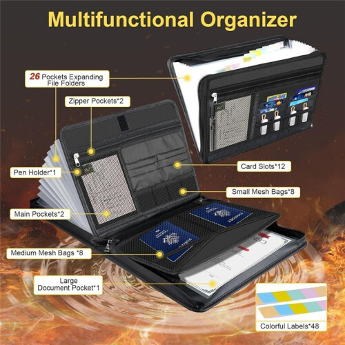 File Folder, Large Capacity A4 Fireproof File Folder with Handle, Waterproof Foldable Accordion Document Storage Bag 2