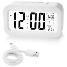 Rechargeable Alarm Clocks, Digital Alarm Clocks Bedside Mains Powered with Light Sensor, 12/24Hours Date White